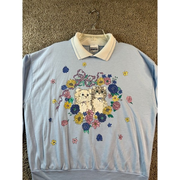 VINTAGE 90s Basic Editions Sweatshirt Womens XL Blue Kittens Cats Grandma * - Picture 3 of 12